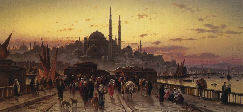 Dusk on the Galata Bridge and the Yeni Valide Djami, Constantinople, Hermann David Solomon Corrodi